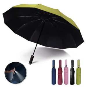Automatic folding umbrella with LED flashlight handle, lightweight for travel, 10 ribs, portable for kids and adults in sun or rain (Green)