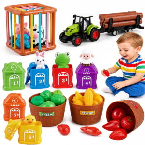 GLUAAE Farm Sensory Playset with Shape Sorting Cube, Tractor, Animal Figures, Number Houses, Color Baskets and Play Food for Babies Ages 6 Months+