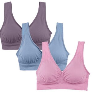GLUAAE Women's 3-Pack Seamless Wireless Sports Bra with Removable Pads(Pink/Dark Purple/Blue-L)