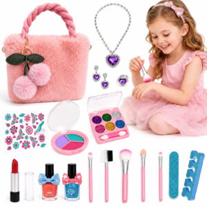 GLUAAE 18-Piece Kids Pretend Makeup Set with Fluffy Handbag, Eyeshadow Palettes, Nail Polish, Makeup Brushes and Jewelry, Dress-Up Toy for Ages 3+, Pink