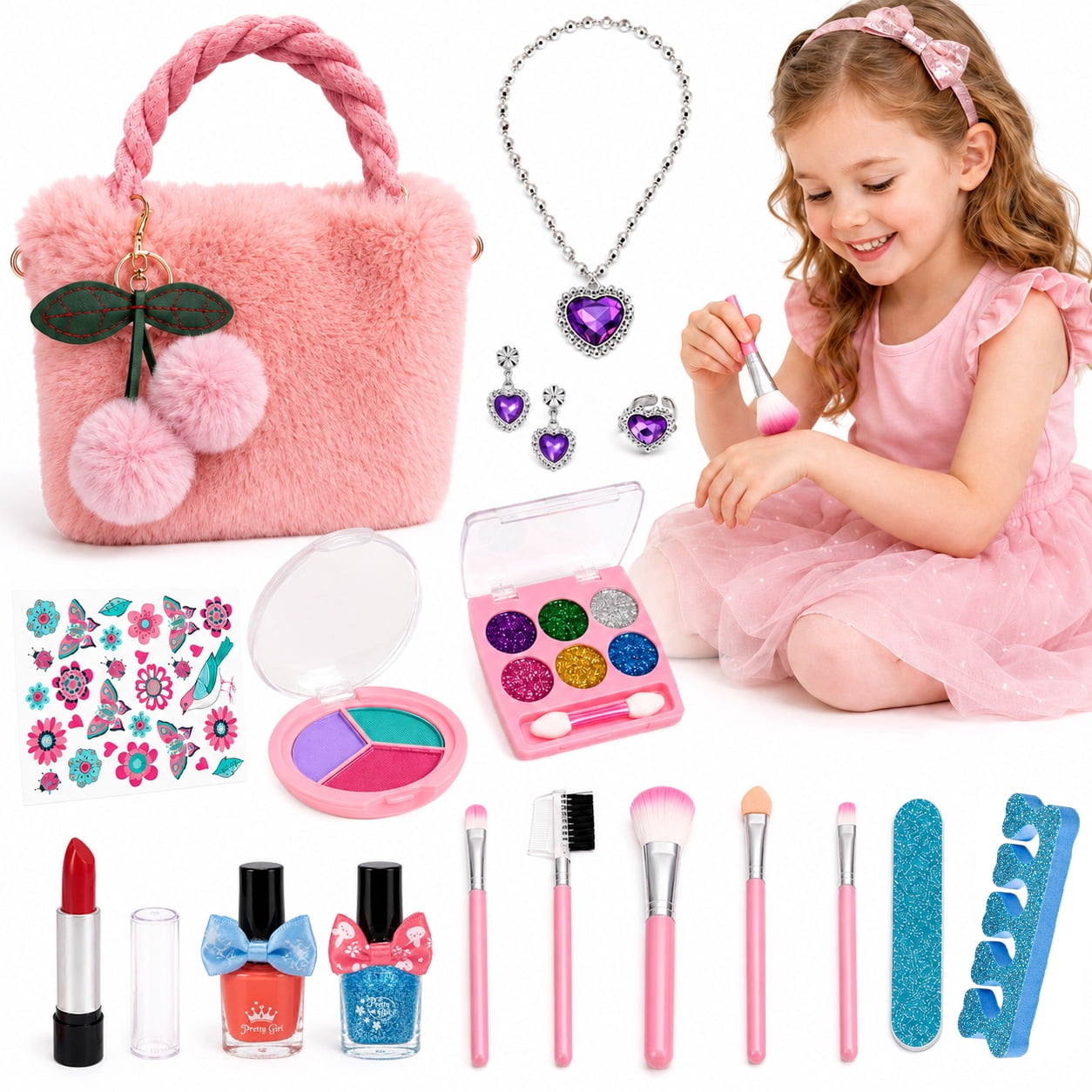 GLUAAE 18-Piece Kids Pretend Makeup Set with Fluffy Handbag, Eyeshadow Palettes, Nail Polish, Makeup Brushes and Jewelry, Dress-Up Toy for Ages 3+, Pink