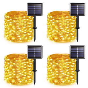 GLUAAE Outdoor String Lights, 100 LED Solar Fairy Lights 33 feet 8 Modes Copper Wire Lights Waterproof Outdoor String Lights(Warm White)-4Pack
