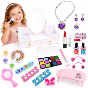 GLUAAE Kids Wooden Pretend Makeup Vanity Set with Mirror, Storage Drawers, LED Nail Lamp, Cosmetics, Manicure Tools and Jewelry for Girls Ages 3+