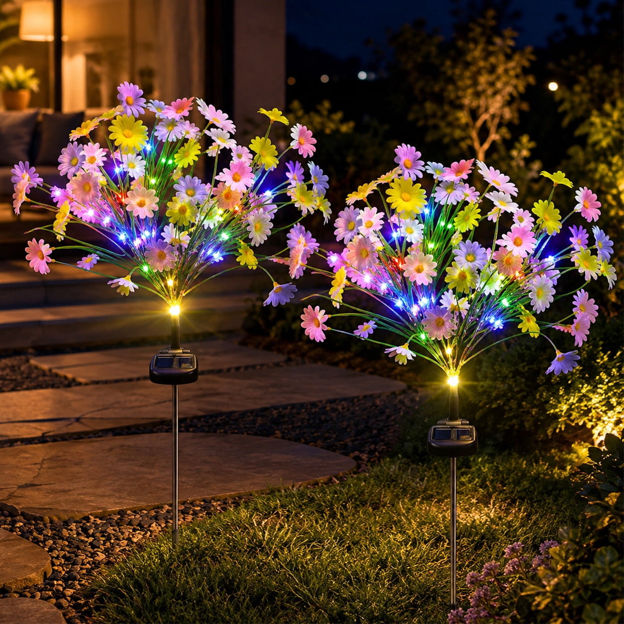 GLUAAE 2-Pack Solar Flower Garden Lights, 140 Artificial Flowers with 49 LED Multicolor Outdoor Landscape Stakes for Yard Patio Lawn, IP65 Waterproof