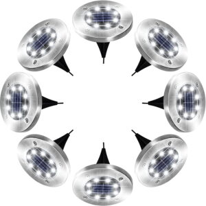 GLUAAE Solar Ground Lights,8 LED Disk Lights Solar Powered Waterproof Garden Pathway Outdoor in-Ground Lights with Light Sensor for Garden Driveway Lawn Pathway Yard Pool Step and Walkway