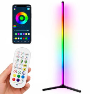 GLUAAE RGB Corner Floor Lamp, 55.9-Inch LED Standing Light with App and Remote Control, 16 Million Colors, Music Sync and Dimmable Lighting, Black