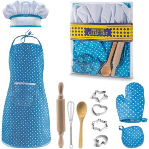 TiokMc Kids Cooking Set, 11 Piece Chef Role Play Baking Kit for Ages 3-8, Apron, Chef Hat, Oven Mitt, Utensils & Cookie Cutters, Pretend Kitchen Toy Gift, Blue
