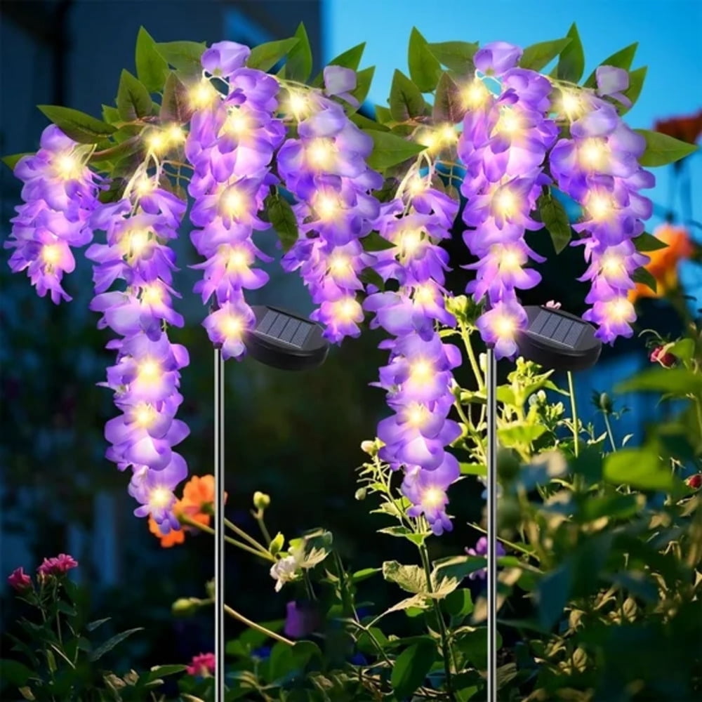 GLUAAE 2 Pack Solar-Powered Wisteria Flower Lights - Waterproof Outdoor Solar Lights for Garden, Patio & Yard Decor with Warm White LED-Purple Flower