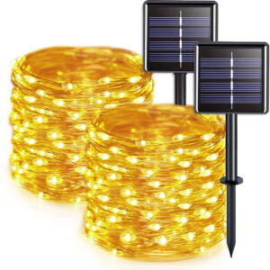 GLUAAE Solar String Lights, 100 LED Solar Fairy Lights 33 feet 8 Modes Lights Waterproof Outdoor String Lights for Garden Patio Gate Yard Party Wedding Indoor Bedroom Warm White 2Pack