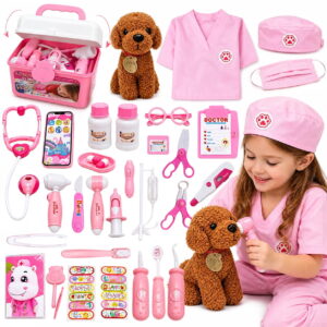 GLUAAE Kids Doctor and Dentist Play Set with Doctor Costume, Plush Puppy, Medical Tools and Storage Case, Pretend Role Play Toy for Girls Ages 3+, Pink
