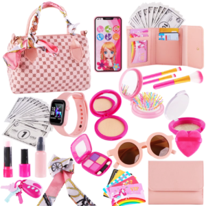 GLUAAE 38 Pcs Little Girls Play Purse Set - Princess Pretend Toys with Handbag, Phone, Wristwatch & Silk Scarf, Makeup Kit for Toddlers Ages 3+