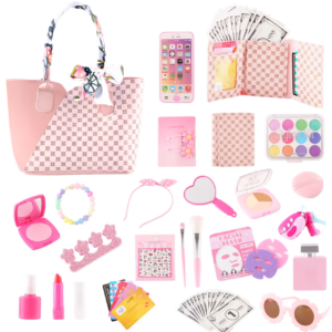GLUAAE 42 Pcs Kids Toy Travel Bag & Makeup Kit for Girls - Play Purse Set with Wallet, Sunglasses, Phone & Sun Hat, Pretend Play Accessories (Best Birthday Gift for Ages 3-8)