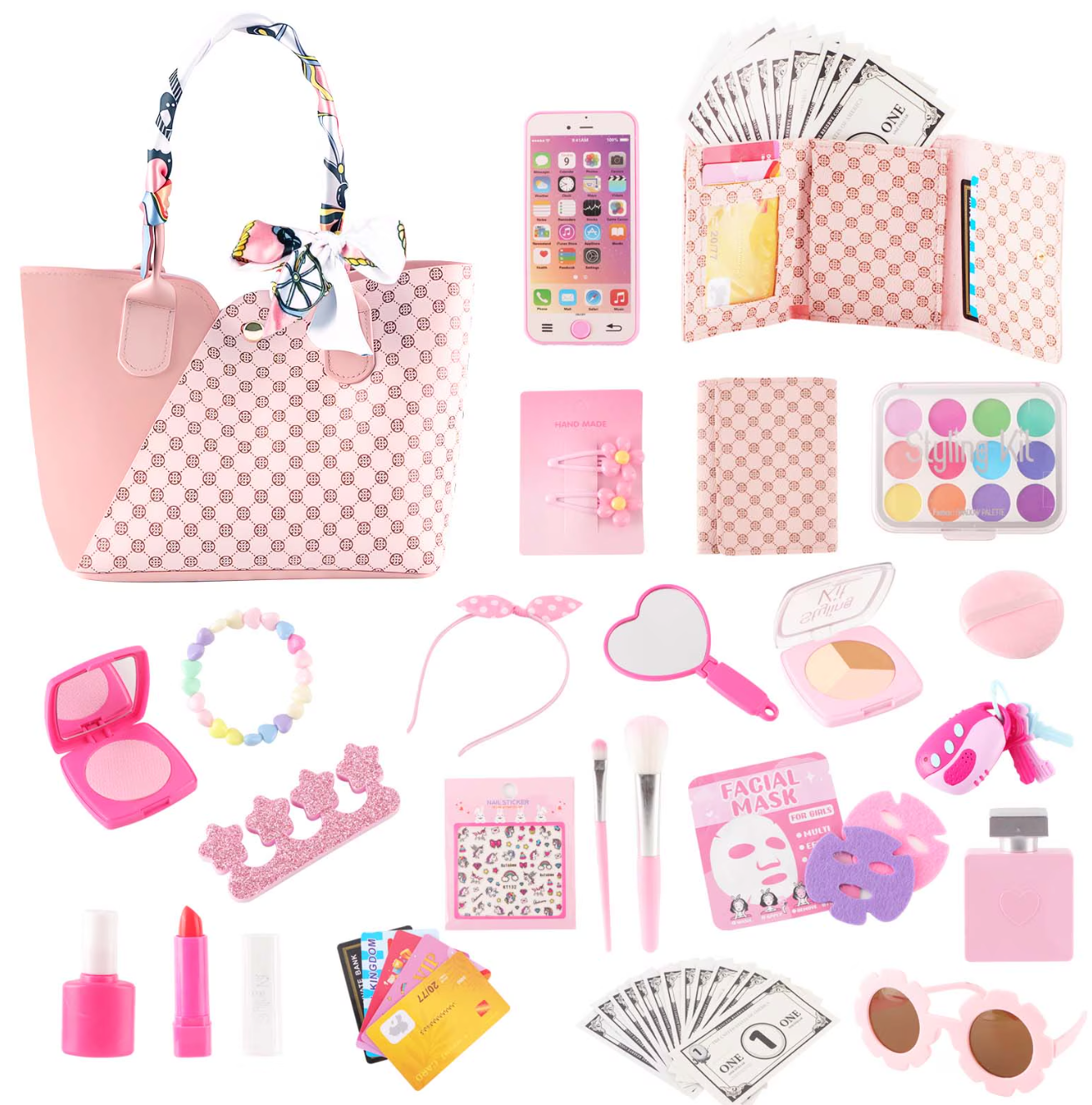 GLUAAE 42 Pcs Kids Toy Travel Bag & Makeup Kit for Girls - Play Purse Set with Wallet, Sunglasses, Phone & Sun Hat, Pretend Play Accessories (Best Birthday Gift for Ages 3-8)