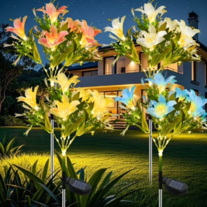 GLUAAE 4 Pack Solar Flower Lights Outdoor - 28 Lily LED Solar-Powered Garden Lights, Waterproof Pathway Lighting for Yard, Patio, Lawn Decor (Yellow, Blue, White, Pink)