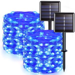 GLUAAE Solar String Lights Outdoor, Mini 33Feet 100 LED Copper Wire Lights, 8 Modes Solar Powered Fairy Lights, Waterproof Solar Decoration Lights(Blue)-2Pack