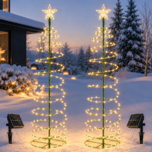GLUAAE 2-Pack Solar Spiral Christmas Tree Lights, 36.6-Inch 135-LED Outdoor Xmas Tree Decorations with Star Topper for Garden Lawn Patio, Warm White