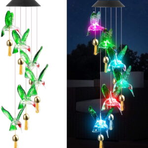 GLUAAE Solar Wind Chimes for Outside Hummingbird, Changing Color Wind Chimes with Bell for Outdoor Garden Decoration, Birthday for Mom Grandma Women