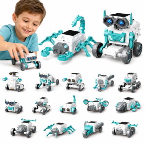 GLUAAE 16-in-1 Solar Robot Building Kit, DIY STEM Science Experiment Toy with Solar Power, Educational Assembly Set for Kids Ages 8+, White and Teal