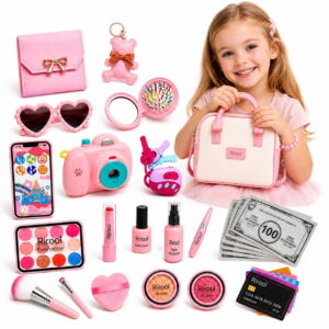 GLUAAE 38-Piece Kids Pretend Makeup and Purse Set with Handbag, Camera, Phone, Sunglasses, Play Money and Cosmetics, Princess Dress-Up Toy for Girls Ages 3+, Pink