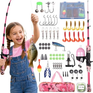 GLUAAE Kids Fishing Pole and Reel Combo, 4.9-Ft Telescopic Fiberglass Rod with Spincast Reel, Tackle Kit and Travel Bag for Ages 3-10, Pink