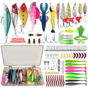GLUAAE 133-Piece Fishing Lure Tackle Kit with Tackle Box, Crankbaits, Spoons, Hooks, Jigs, Soft Baits and Weights for Freshwater and Saltwater Fishing, Multicolor