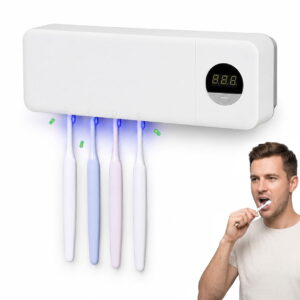 GLUAAE Wall Mounted Toothbrush Sterilizer Holder, UV-C Disinfection, 4-Slot USB Rechargeable Bathroom Organizer with LED Display, White