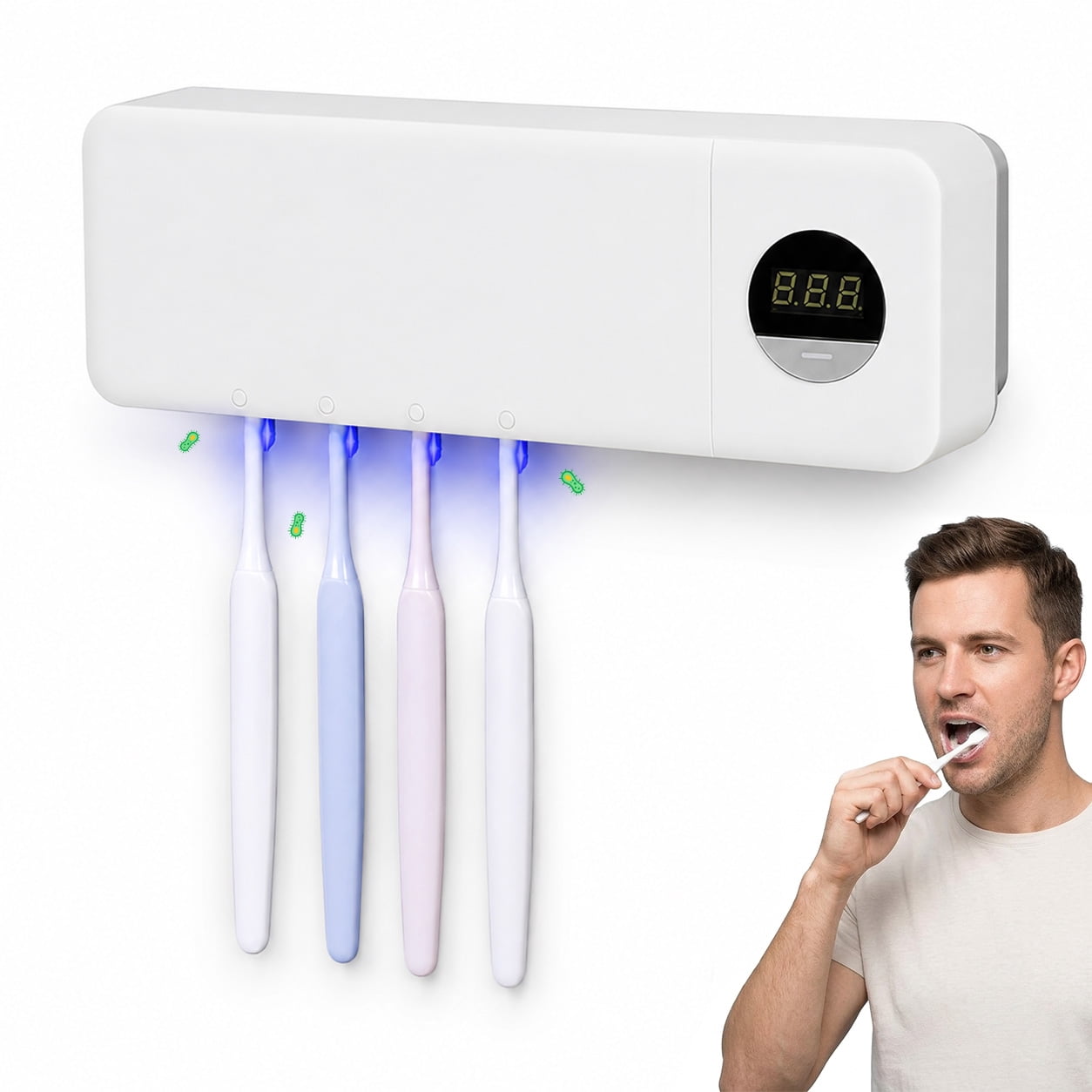 GLUAAE Wall Mounted Toothbrush Sterilizer Holder, UV-C Disinfection, 4-Slot USB Rechargeable Bathroom Organizer with LED Display, White