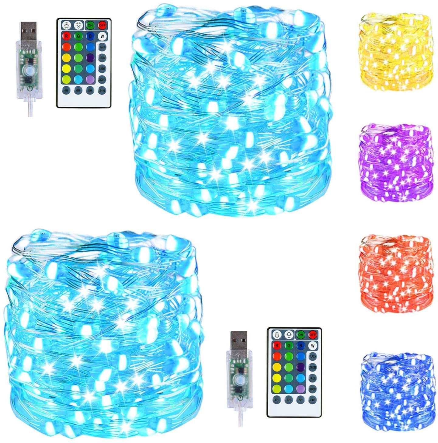 TiokMc USB Fairy String Lights, 33Ft 100 LED Waterproof Silver Wire, 16 Colors & 8 Modes, Remote Control, 2-Pack for Bedroom, Party, Wedding, Christmas, Outdoor Decor