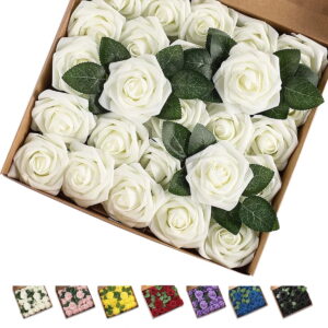 GLUAAE 25 Pack artificial foam roses with stems for wedding DIY bouquets, centerpieces, bridal showers, and home decoration (Milk White)