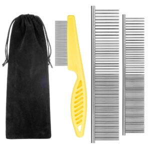 GLUAAE 2-in-1 Dog Combs, Flea comb, Metal Cat Comb with Storage Couch, Professional Grooming Tool for Long and Short Haired Dog, Cat, Pet Comb for Removing Tangles and Knots.