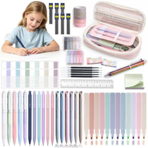 GLUAAE Pastel Stationery Organizer Set with Pencil Case, Writing Pens, Mechanical Pencils, Sticky Notes, Decorative Tape, Ruler and Accessories