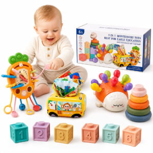GLUAAE 5-in-1 Montessori Baby Toy Set with Shape Sorter, Stacking Rings, Pull String Toy, Cloth Book and Hedgehog Peg Toy for Babies Ages 6 Months+