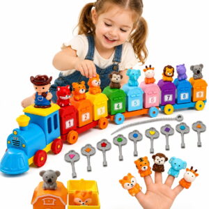 GLUAAE Montessori Farm Train Learning Toy with 9 Numbered Barns, Animal Finger Puppets, Color Shape Keys and 4 Wagons for Toddlers Ages 2-5, Multicolor