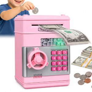 GLUAAE Electronic Piggy Bank ATM Safe for Kids with 4-Digit Password, Automatic Bill Roller, Coin and Cash Storage, Money Saving Bank for Ages 3-10, Pink