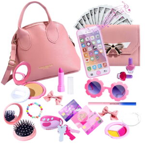 GLUAAE Play Purse Toy for Girls, Toddler Purse Handbag with Makeup, Smartphone, Wallet, Keys, Credit Card, 31 Pieces Pretend Toy Set for 3+ Year-Old-Girls Toddler (Pink)