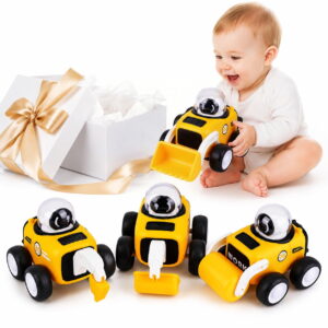 GLUAAE 4-Pack Construction Vehicle Toy Set with Excavator, Bulldozer, Road Roller and Drill Truck, Press-and-Go Pull-Back Toys for Kids Ages 3+, Multicolor