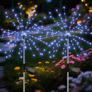 GLUAAE Solar Firework Light,120 LED Multi Color Outdoor Firework Solar Garden Decorative Lights for Walkway Pathway Backyard Christmas Decoration Parties (2 Pieces)Cool white