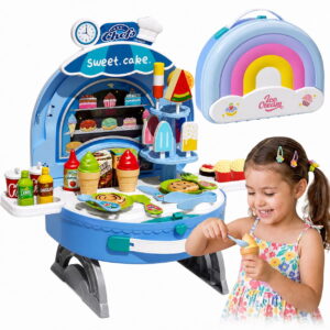 GLUAAE 2-in-1 Kids Pretend Play Dessert Shop, Portable Rainbow Carry Case Ice Cream Stand with Play Food, Utensils and Accessories for Ages 3+