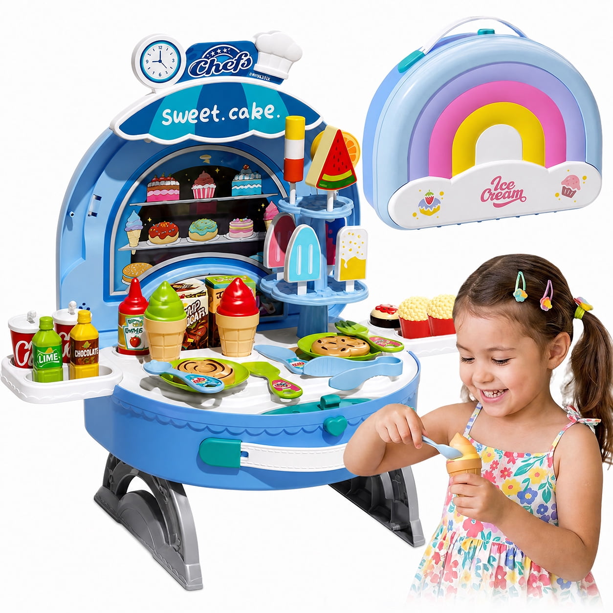 GLUAAE 2-in-1 Kids Pretend Play Dessert Shop, Portable Rainbow Carry Case Ice Cream Stand with Play Food, Utensils and Accessories for Ages 3+