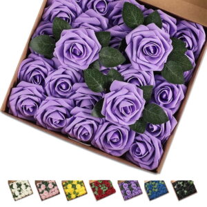 GLUAAE 25 Pack artificial foam roses with stems for wedding DIY bouquets, centerpieces, bridal showers, and home decorationn (Purple)