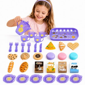GLUAAE 33-Piece Kids Pretend Play Kitchen Tea Party Set with Play Food and Accessories, ABS Toy Kitchen Role-Play Set for Boys and Girls Ages 3+, Purple