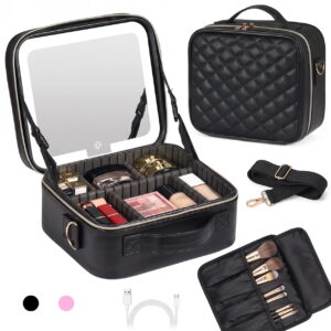 GLUAAE 10-Inch Makeup Bag with Detachable LED Mirror, Portable Cosmetic Organizer Case with Adjustable Dividers, USB Rechargeable, Large Capacity Travel Vanity Case for Women, Black