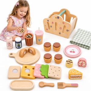 GLUAAE 20+ Piece Wooden Picnic Pretend Play Set with Basket, Sliceable Food, Utensils and Picnic Mat, Montessori Kitchen Role-Play Toy for Kids Ages 3+