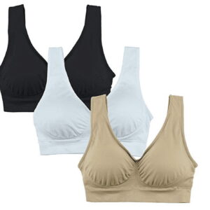 GLUAAE Women's 3-Pack Seamless Wireless Sports Bra with Removable Pads(Black/White/Beige-XXXL)