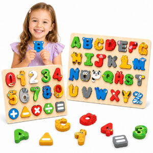 GLUAAE Wooden Alphabet and Number Puzzle Boards for Kids Ages 3-6, Color Matching ABC and Early Math Learning Toy, Multicolor