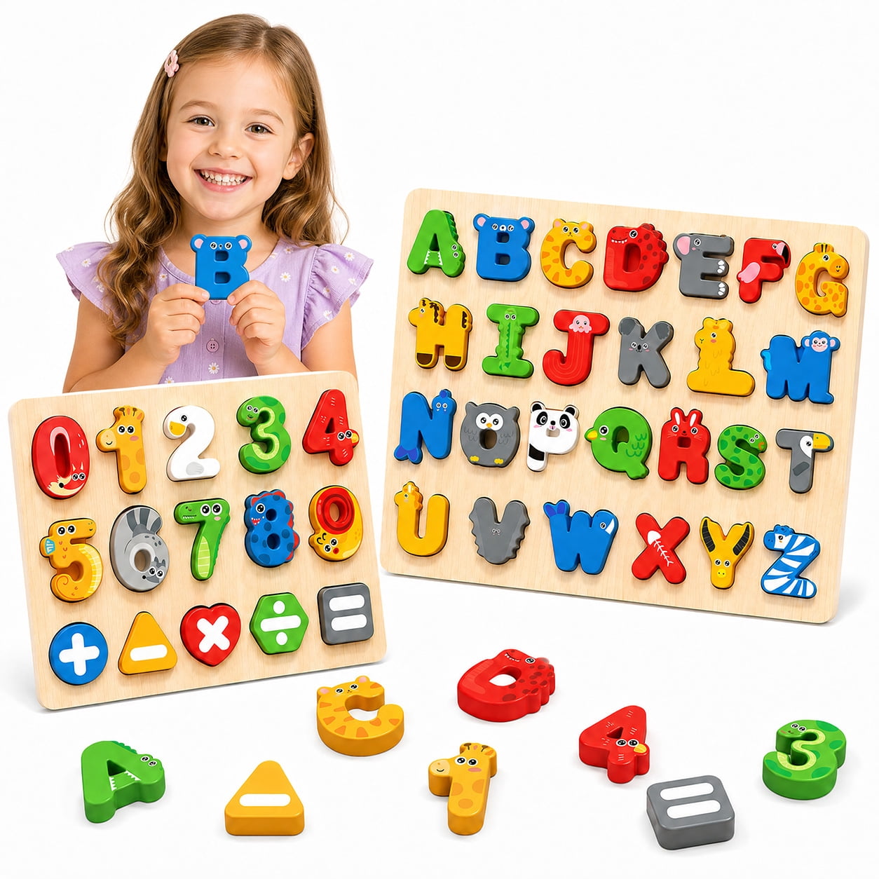 GLUAAE Wooden Alphabet and Number Puzzle Boards for Kids Ages 3-6, Color Matching ABC and Early Math Learning Toy, Multicolor