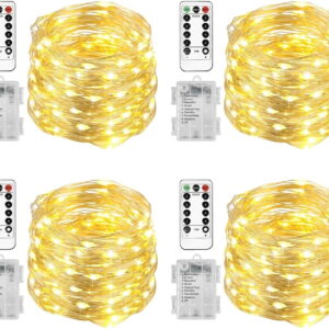33 Feet 100 Led Fairy Lights Battery Operated with Remote Control Timer Waterproof Copper Wire Twinkle String Lights for Bedroom Indoor Outdoor Wedding Dorm Decor, Warm White 4Pack