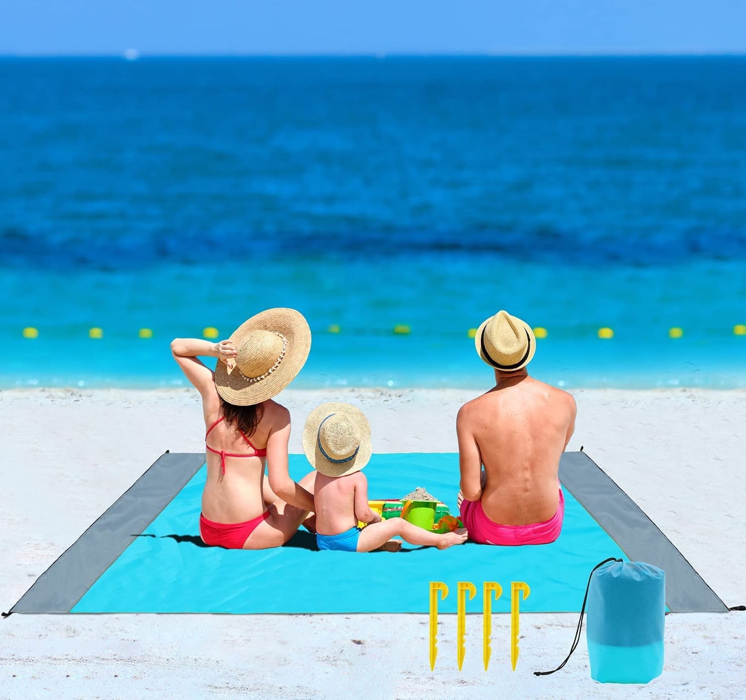 Beach Blanket, SandProof Beach Mat Large 4-7 Persons, Waterproof Picnic Mat Quick Drying Camping Blanket Made by Polyester with 4 Stakes for Outdoor Travel with Storage Bag (83" X 78")