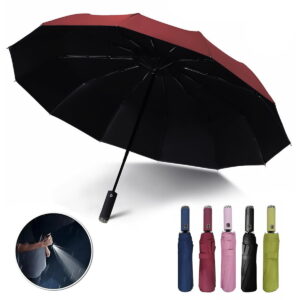 Automatic folding umbrella with LED flashlight handle, lightweight for travel, 10 ribs, portable for kids and adults in sun or rain(Red)