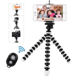 GLUAAE Phone Tripod Stand, Flexible Cell Phone Tripod Portable and Adjustable Camera Stand Holder with Wireless Remote Compatible for iPhone Android Phone Samsung Compact Digital Camera-BLACK